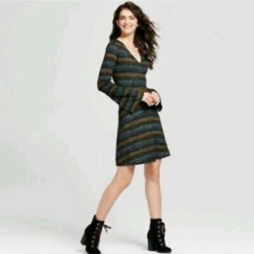 Mossimo Supply Co Target Womens Striped Knit Bell Sleeve Faux Wrap Dress